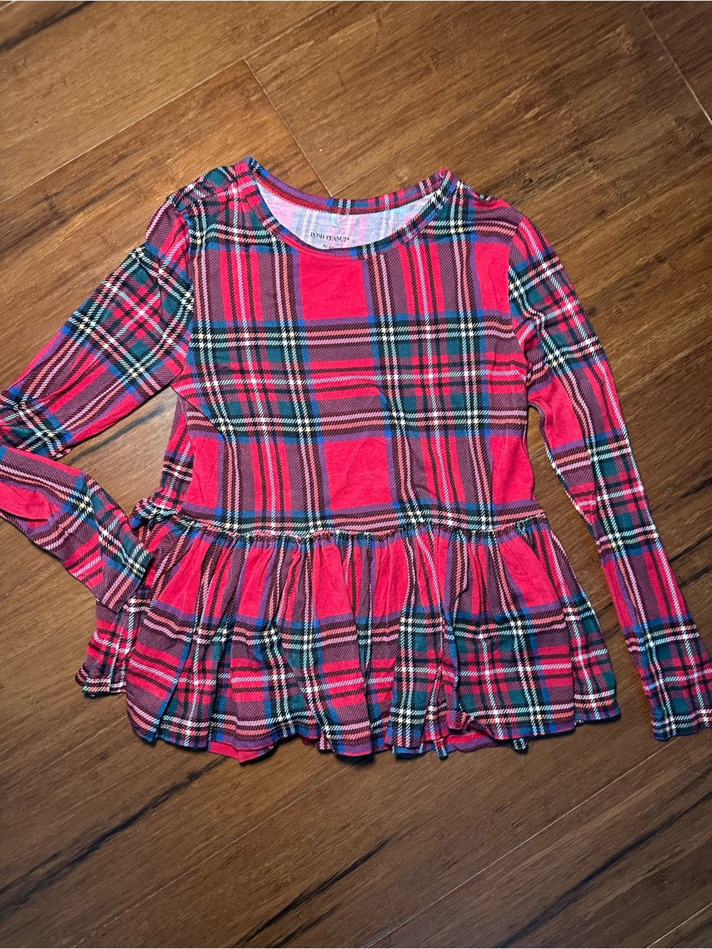 Posh Peanut Girls' Red Christmas Plaid Peplum Top Bamboo